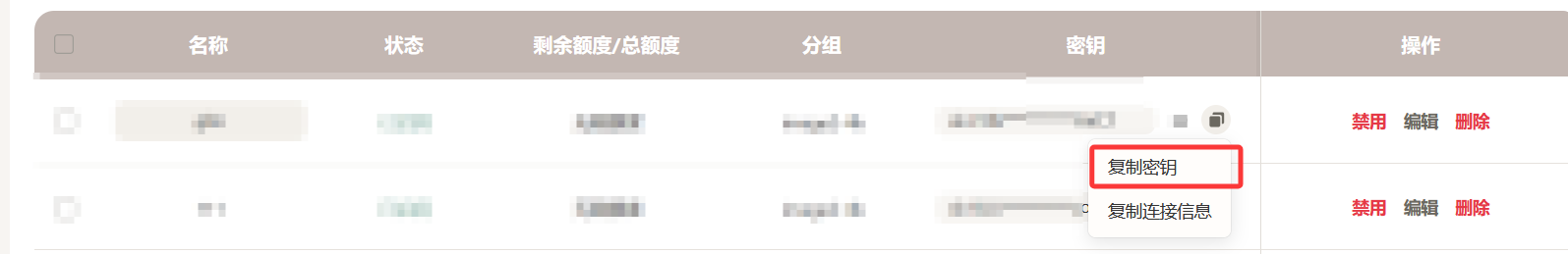 令牌列表中的复制密钥入口